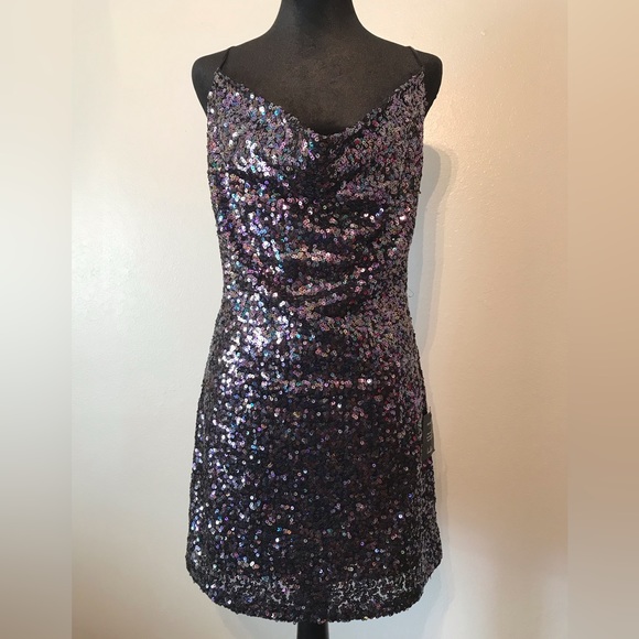 Lulus NWT Sequin Mini Dress Size M in Shades of Purple Drape Neckline - Picture 1 of 5